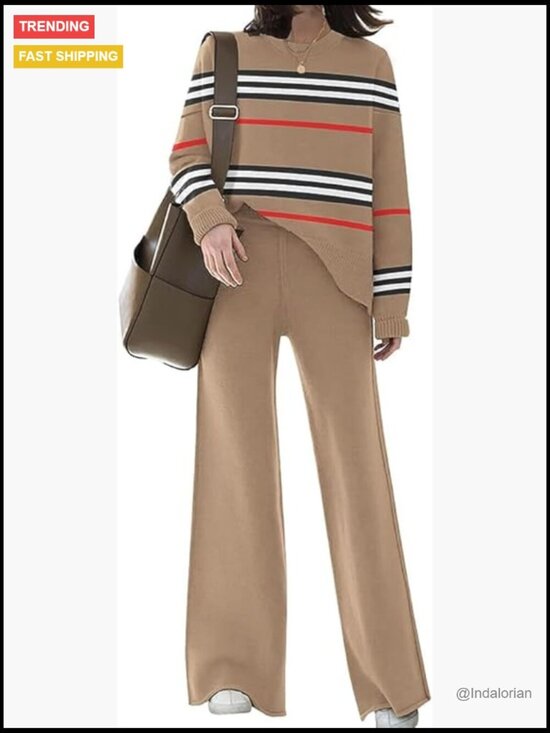 Pants - Polyester Lounge Set with Knitted Sweater Top and Wide Leg Sweatpants